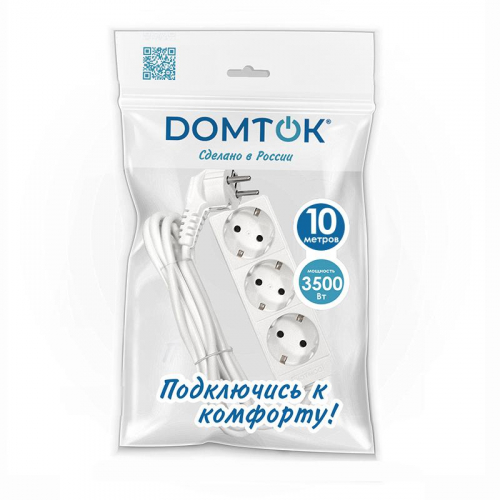 Удлинитель 3х10м с заземл. 16А IP20 3.5кВт ПВС 3х1 бел. DOMTOK 2390 Удлинитель 3х10м с заземл. 16А IP20 3.5кВт ПВС 3х1 бел. DOMTOK 2390