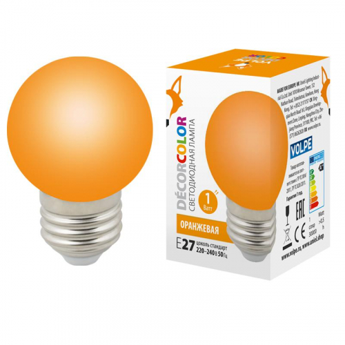 Лампа светодиодная LED-G45-1W/ORANGE/E27/FR/С 1Вт шар матовая оранж. E27 декоративная (упак. картон) Volpe UL-00005650 Лампа светодиодная LED-G45-1W/ORANGE/E27/FR/С 1Вт шар матовая оранж. E27 декоративная (упак. картон) Volpe UL-00005650