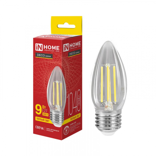 Лампа светодиодная LED-СВЕЧА-deco 9Вт свеча прозрачная 3000К E27 1040лм 230В IN HOME 4690612063249 Лампа светодиодная LED-СВЕЧА-deco 9Вт свеча прозрачная 3000К E27 1040лм 230В IN HOME 4690612063249