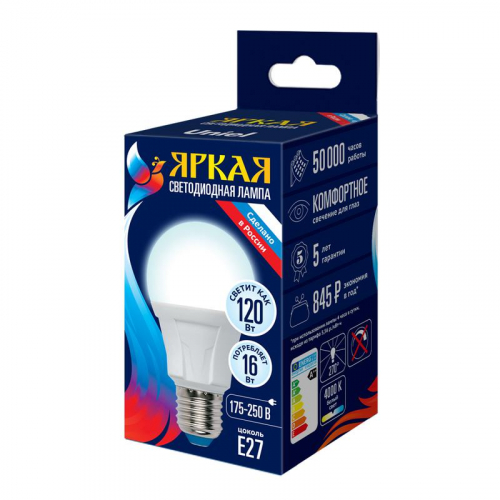 Лампа светодиодная LED-A60 16W/4000K/E27 /FR PLP01WH Яркая 16Вт матовая 4000К нейтр. бел. E27 (упак. картон) Uniel UL-00005034 Лампа светодиодная LED-A60 16W/4000K/E27 /FR PLP01WH Яркая 16Вт матовая 4000К нейтр. бел. E27 (упак. картон) Uniel UL-00005034