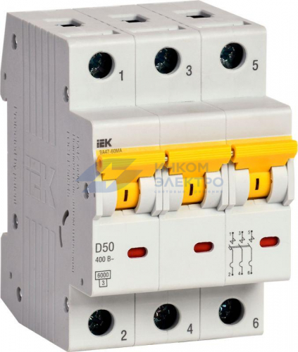 Выключатель автоматический модульный 3п D 50А 6кА ВА47-60МА без тепл. расцеп. IEK MVA33-3-050-D