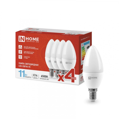 Лампа светодиодная LED-СВЕЧА-VC 4PACK 11Вт 230В E14 6500К 1050лм (уп.4шт) IN HOME 4690612047805 Лампа светодиодная LED-СВЕЧА-VC 4PACK 11Вт 230В E14 6500К 1050лм (уп.4шт) IN HOME 4690612047805