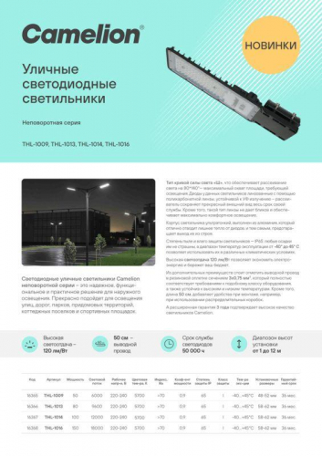 Светильник THL-1016 150Вт 5700К IP65 18000лм 220-240В 454х175х24 КСС "Ш" 1/5 НПВ уличный Camelion 16368 фото 5 Светильник THL-1016 150Вт 5700К IP65 18000лм 220-240В 454х175х24 КСС "Ш" 1/5 НПВ уличный Camelion 16368 фото 5