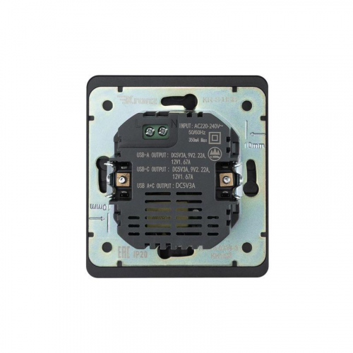 Розетка 2-м СП ROUND 16А IP20 USB-A + Type-C 3А с функцией быстрой зарядки оникс Kranz KR-78-0734-3 фото 3