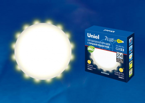Лампа светодиодная LED-GX53-7W/3000K+3000K/GX53/FR PLB02WH 7Вт матовая 3000К тепл. бел. GX53 торц. подсветка (упак. картон) Uniel UL-00006497 Лампа светодиодная LED-GX53-7W/3000K+3000K/GX53/FR PLB02WH 7Вт матовая 3000К тепл. бел. GX53 торц. подсветка (упак. картон) Uniel UL-00006497