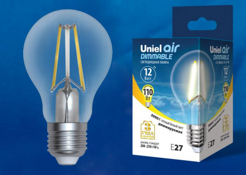 Лампа светодиодная LED-A60-12W/3000K/E27/CL/DIM GLA01TR Air диммир. картон Uniel UL-00005183 Лампа светодиодная LED-A60-12W/3000K/E27/CL/DIM GLA01TR Air диммир. картон Uniel UL-00005183