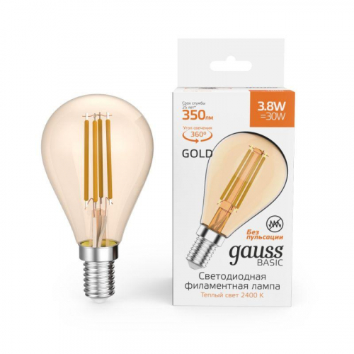 Лампа светодиодная филаментная Basic Filament 3.8Вт Шар 2400К Е14 350лм golden GAUSS 1057154 Лампа светодиодная филаментная Basic Filament 3.8Вт Шар 2400К Е14 350лм golden GAUSS 1057154