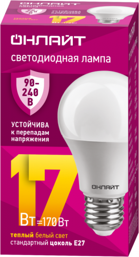 Лампа светодиодная 90 533 OLL-A60-17-230-2.7К-E27 17Вт грушевидная 2700К E27 90-240В PRO ОНЛАЙТ 90533 Лампа светодиодная 90 533 OLL-A60-17-230-2.7К-E27 17Вт грушевидная 2700К E27 90-240В PRO ОНЛАЙТ 90533