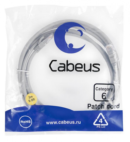 Патч-корд U/UTP кат.6 PC-UTP-RJ45-Cat.6-3m 2xRJ45/8p8c неэкранир. PVC 3м сер. Cabeus 7269c