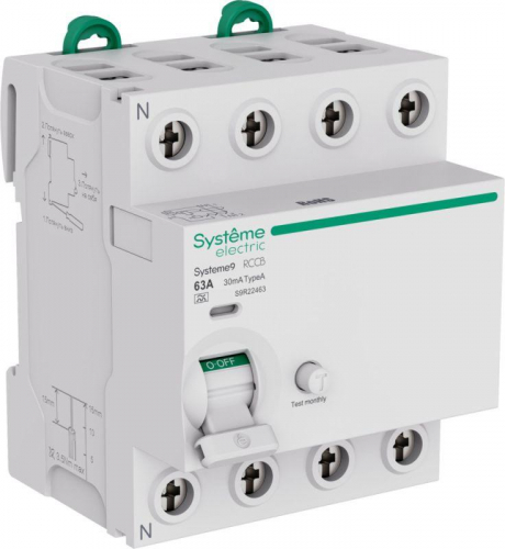 Выключатель дифференциального тока 4п 63А 30мА тип A Systeme9 400В SE S9R22463 Выключатель дифференциального тока 4п 63А 30мА тип A Systeme9 400В SE S9R22463