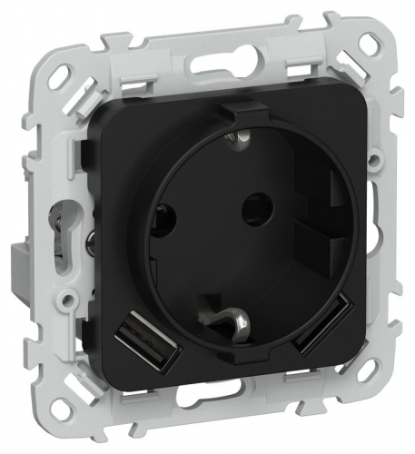 Розетка 1-м СП FLITE РСЮша11-1-ФлЧ 16А с USB A+A 3.1А с заземл. с защ. шторками безвинтовое крепление механизм черн. IEK FI-R14-16-1-U21-D31-K02