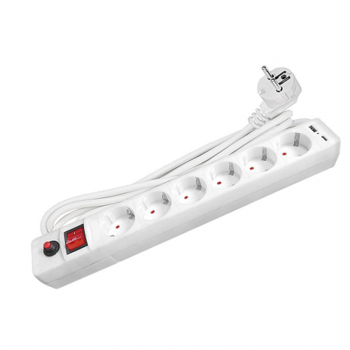 Удлинитель с сетевым фильтром 6х3м с заземл. 10А IP20 2.2кВт USB type-A + type-C ПВС 3х0.75 с выкл. бел. UNIVersal 2544 Удлинитель с сетевым фильтром 6х3м с заземл. 10А IP20 2.2кВт USB type-A + type-C ПВС 3х0.75 с выкл. бел. UNIVersal 2544
