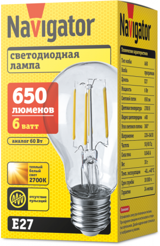 Лампа светодиодная 71 305 NLL-F-A60-6-230-2.7K-E27 6Вт грушевидная 2700К тепл. бел. E27 650лм 220-240В Navigator 71305 фото 2