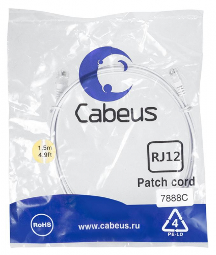 Патч-корд телефонный PC-TEL-RJ12-1.5m 2х6р4с PVC 1.5м бел. Cabeus 7888c Патч-корд телефонный PC-TEL-RJ12-1.5m 2х6р4с PVC 1.5м бел. Cabeus 7888c