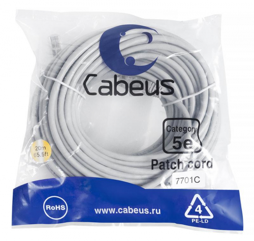 Патч-корд U/UTP кат.5E PC-UTP-RJ45-Cat.5e-20m 2xRJ45/8p8c неэкранир. PVC 20м сер. Cabeus 7701c Патч-корд U/UTP кат.5E PC-UTP-RJ45-Cat.5e-20m 2xRJ45/8p8c неэкранир. PVC 20м сер. Cabeus 7701c