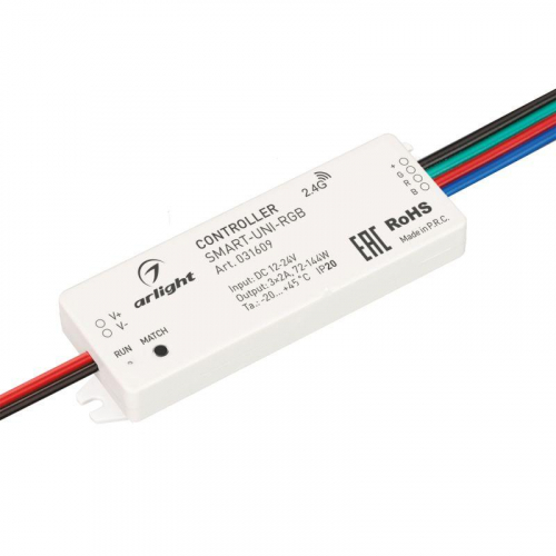 Контроллер SMART-UNI-RGB (12-24В 3х2А 2.4G) (IP20 пластик) Arlight 031609 Контроллер SMART-UNI-RGB (12-24В 3х2А 2.4G) (IP20 пластик) Arlight 031609