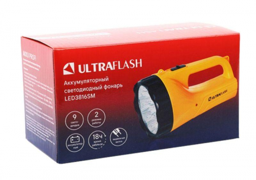 Фонарь аккумуляторный LED3816SM 9LED 2 режима аккум. SLA 220В желт. Ultraflash 12859 фото 10