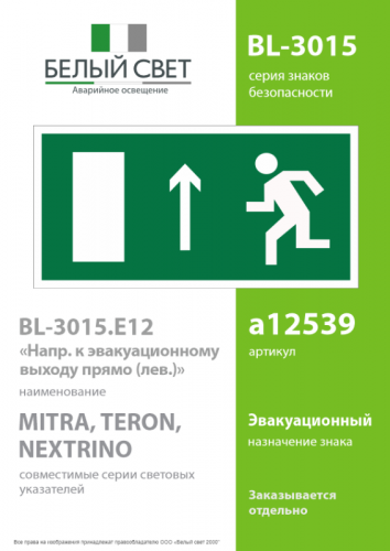 Знак безопасности BL-3015.E12 "Направление к эвакуационному выходу прямо (лев.)" Белый свет a12539 фото 2