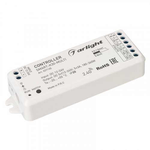 Контроллер SMART-K30-MULTI (12-24В 5х3А RGB-MIX 2.4G) (IP20 пластик) Arlight 027135 Контроллер SMART-K30-MULTI (12-24В 5х3А RGB-MIX 2.4G) (IP20 пластик) Arlight 027135