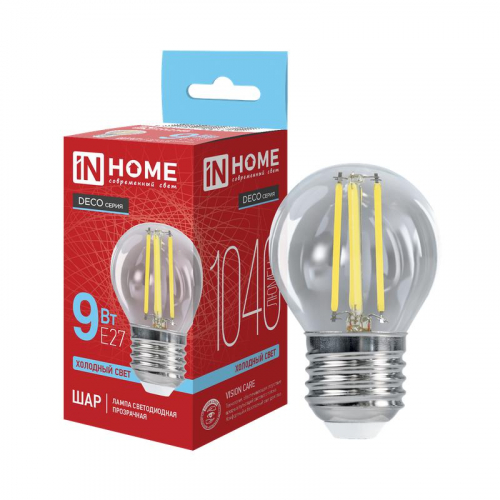 Лампа светодиодная LED-ШАР-deco 9Вт шар прозрачная 6500К E27 1040лм 230В IN HOME 4690612067049 Лампа светодиодная LED-ШАР-deco 9Вт шар прозрачная 6500К E27 1040лм 230В IN HOME 4690612067049
