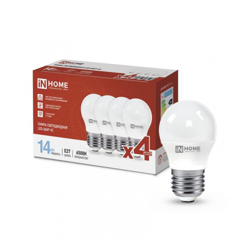 Лампа светодиодная LED-ШАР-VC 4PACK 14Вт шар 6500К холод. бел. E27 1330лм 230В (уп.4шт) IN HOME 4690612052373 Лампа светодиодная LED-ШАР-VC 4PACK 14Вт шар 6500К холод. бел. E27 1330лм 230В (уп.4шт) IN HOME 4690612052373