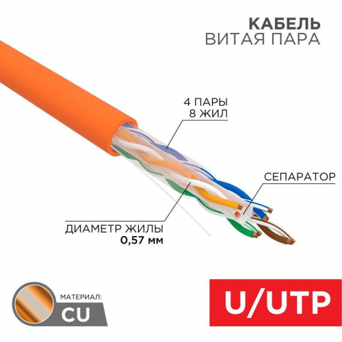 Кабель витая пара U/UTP кат.6 4х2х23AWG нг(А)-HF медь оранж. (305м) (м) Rexant 01-0050 фото 6