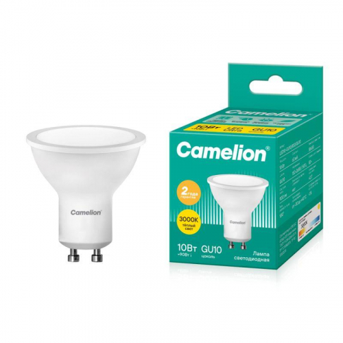 Лампа светодиодная LED10-GU10/830/GU10 10Вт рефлектор матовая 3000К тепл. бел. GU10 150-265В Camelion 13682 Лампа светодиодная LED10-GU10/830/GU10 10Вт рефлектор матовая 3000К тепл. бел. GU10 150-265В Camelion 13682