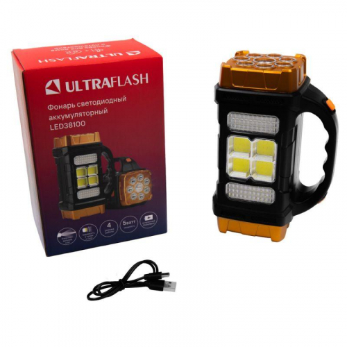 Фонарь аккумуляторный LED38100 76LED+4COB 4 реж. Type-C PowerBank пластик коробка черн./охра Ultraflash 15950