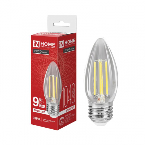 Лампа светодиодная LED-СВЕЧА-deco 9Вт свеча прозрачная 4000К E27 1040лм 230В IN HOME 4690612063256 Лампа светодиодная LED-СВЕЧА-deco 9Вт свеча прозрачная 4000К E27 1040лм 230В IN HOME 4690612063256