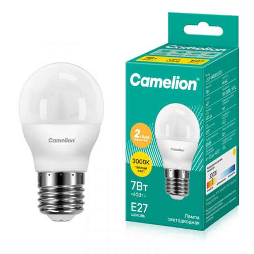 Лампа светодиодная LED7-G45/830/E27 7Вт шар матовая 3000К тепл. бел. E27 580лм 170-265В Camelion 12070 Лампа светодиодная LED7-G45/830/E27 7Вт шар матовая 3000К тепл. бел. E27 580лм 170-265В Camelion 12070