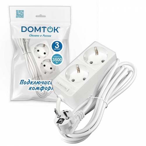 Удлинитель 2х3м с заземл. 16А IP20 3.5кВт ПВС 3х1 бел. DOMTOK 2386 фото 2 Удлинитель 2х3м с заземл. 16А IP20 3.5кВт ПВС 3х1 бел. DOMTOK 2386 фото 2
