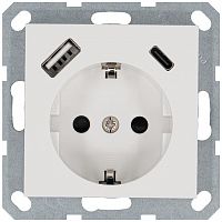 Розетка Shuko 16А с заземл. защ. шторки с 2-мя заряд. устройствами USB тип A+C 25Вт механизм бел. глянцевый Jasmart G5501USB-25W