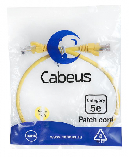 Патч-корд U/UTP кат.5E PC-UTP-RJ45-Cat.5e-0.5m-YL-LSZH 2xRJ45/8p8c неэкранир. LSZH 0.5м желт. Cabeus 9496c