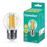 Лампа светодиодная филаментная LED7-G45-FL/830/E27 7Вт шар прозрачная 3000К тепл. бел. E27 220-240В Camelion 13457