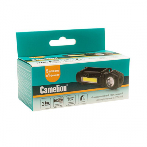 Фонарь налобный LED53408 аккум. 3.7В XPE+COB 3Вт 3 реж. магнит Type-C бокс черн. Camelion 15759 фото 3 Фонарь налобный LED53408 аккум. 3.7В XPE+COB 3Вт 3 реж. магнит Type-C бокс черн. Camelion 15759 фото 3