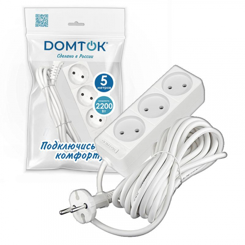 Удлинитель 3х5м без заземл. 10А IP20 2.2кВт ПВС 2х1 бел. DOMTOK 2352 фото 2 Удлинитель 3х5м без заземл. 10А IP20 2.2кВт ПВС 2х1 бел. DOMTOK 2352 фото 2