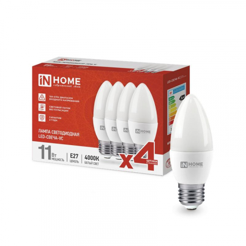 Лампа светодиодная LED-СВЕЧА-VC 4PACK 11Вт 230В E27 4000К 1050лм (уп.4шт) IN HOME 4690612047812 Лампа светодиодная LED-СВЕЧА-VC 4PACK 11Вт 230В E27 4000К 1050лм (уп.4шт) IN HOME 4690612047812