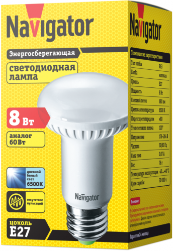 Лампа светодиодная 61 257 NLL-R63-8-230-6.5K-E27 8Вт рефлектор матовая 6500К холод. бел. E27 680лм 176-264В Navigator 61257 фото 2 Лампа светодиодная 61 257 NLL-R63-8-230-6.5K-E27 8Вт рефлектор матовая 6500К холод. бел. E27 680лм 176-264В Navigator 61257 фото 2