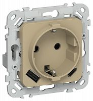 Розетка 1-м СП FLITE РСЮшс11-1-ФлХ 16А с USB A+C 20Вт с заземл. с защ. шторками безвинтовое крепление механизм хаки IEK FI-R14-16-1-U22-020-K59