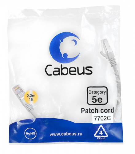 Патч-корд F/UTP кат.5E PC-FTP-RJ45-Cat.5e-0.3m 2xRJ45/8p8c экранир. PVC 0.3м сер. Cabeus 7702c