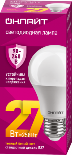 Лампа светодиодная 90 535 OLL-A60-27-230-2.7К-E27 27Вт грушевидная 2700К E27 90-240В PRO ОНЛАЙТ 90535