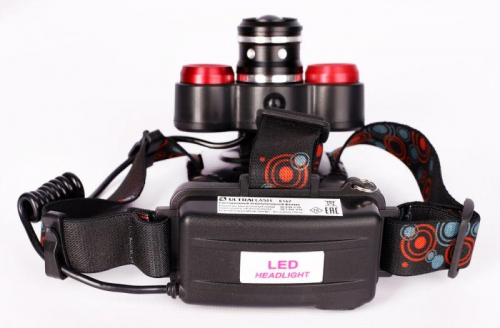 Фонарь налобный аккумуляторный LED5338 3.7В 3LED 5Вт фокус 2 ак. 4 реж. USB бокс черн. Ultraflash 15032 фото 6