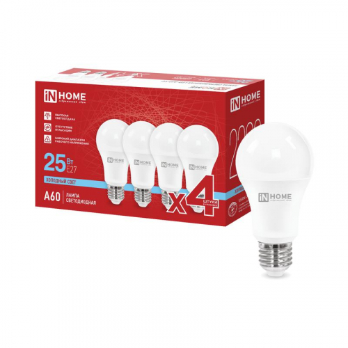 Лампа светодиодная LED-A60-VC 4PACK 25Вт грушевидная 6500К E27 2380лм 230В (уп.4шт) IN HOME 4690612063089 Лампа светодиодная LED-A60-VC 4PACK 25Вт грушевидная 6500К E27 2380лм 230В (уп.4шт) IN HOME 4690612063089