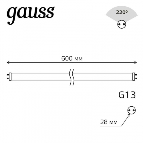 Лампа светодиодная Basic 10Вт T8 6500К G13 800лм 600мм стекло GAUSS 1930302 фото 4 Лампа светодиодная Basic 10Вт T8 6500К G13 800лм 600мм стекло GAUSS 1930302 фото 4