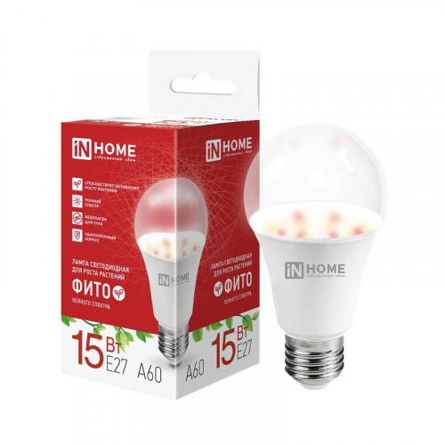 Лампа светодиодная LED-A60 PRO-ФИТО 15Вт полный спектр E27 В230 IN HOME 4690612065687 Лампа светодиодная LED-A60 PRO-ФИТО 15Вт полный спектр E27 В230 IN HOME 4690612065687