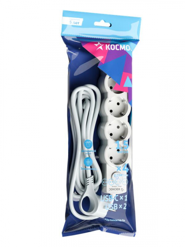 Удлинитель 4х1.5м с заземл. 10А IP20 USB type-Aх2 + type-C 2500Вт 220В ПВС 3х1 с выкл. бел. КОСМОС YKsm1.5m4g-Z-VU10А-W фото 2 Удлинитель 4х1.5м с заземл. 10А IP20 USB type-Aх2 + type-C 2500Вт 220В ПВС 3х1 с выкл. бел. КОСМОС YKsm1.5m4g-Z-VU10А-W фото 2