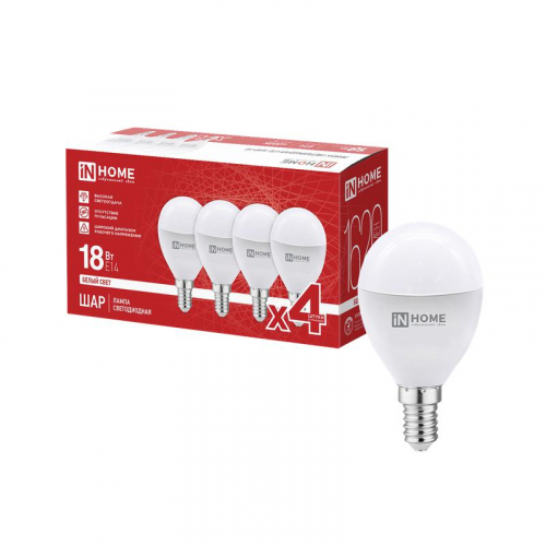 Лампа светодиодная LED-ШАР-VC 4PACK 18Вт шар 4000К E14 1620лм 230В (уп.4шт) IN HOME 4690612066769 Лампа светодиодная LED-ШАР-VC 4PACK 18Вт шар 4000К E14 1620лм 230В (уп.4шт) IN HOME 4690612066769