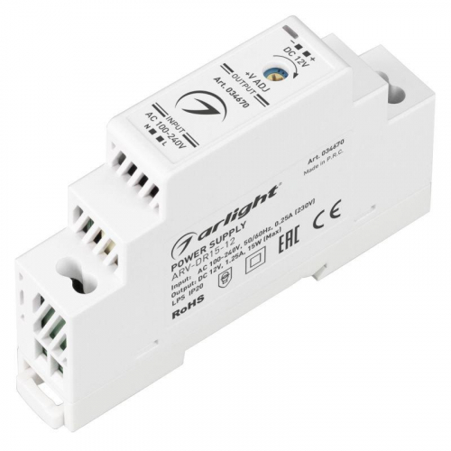 Блок питания ARV-DR15-12 12В 1.25А 15Вт IP20 DIN-рейка Arlight 034670 Блок питания ARV-DR15-12 12В 1.25А 15Вт IP20 DIN-рейка Arlight 034670