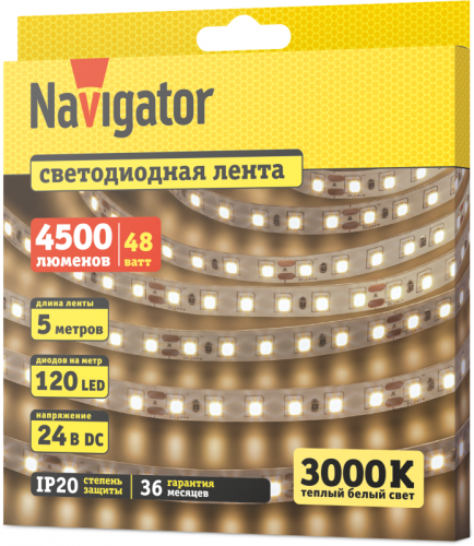 Лента светодиодная 95 307 NLS-2835WW120-9.6-IP20-24V (уп.5м) Navigator 95307 фото 2