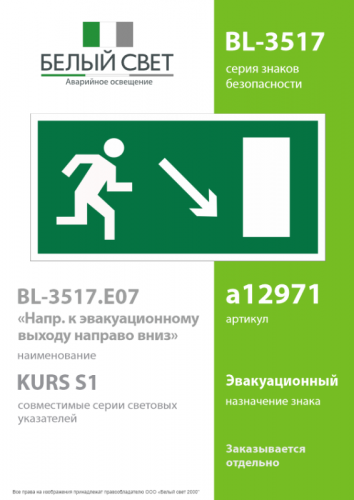 Знак безопасности BL-3517.E07 "Напр. к эвакуационному выходу направо вниз" Белый свет a12971 фото 2